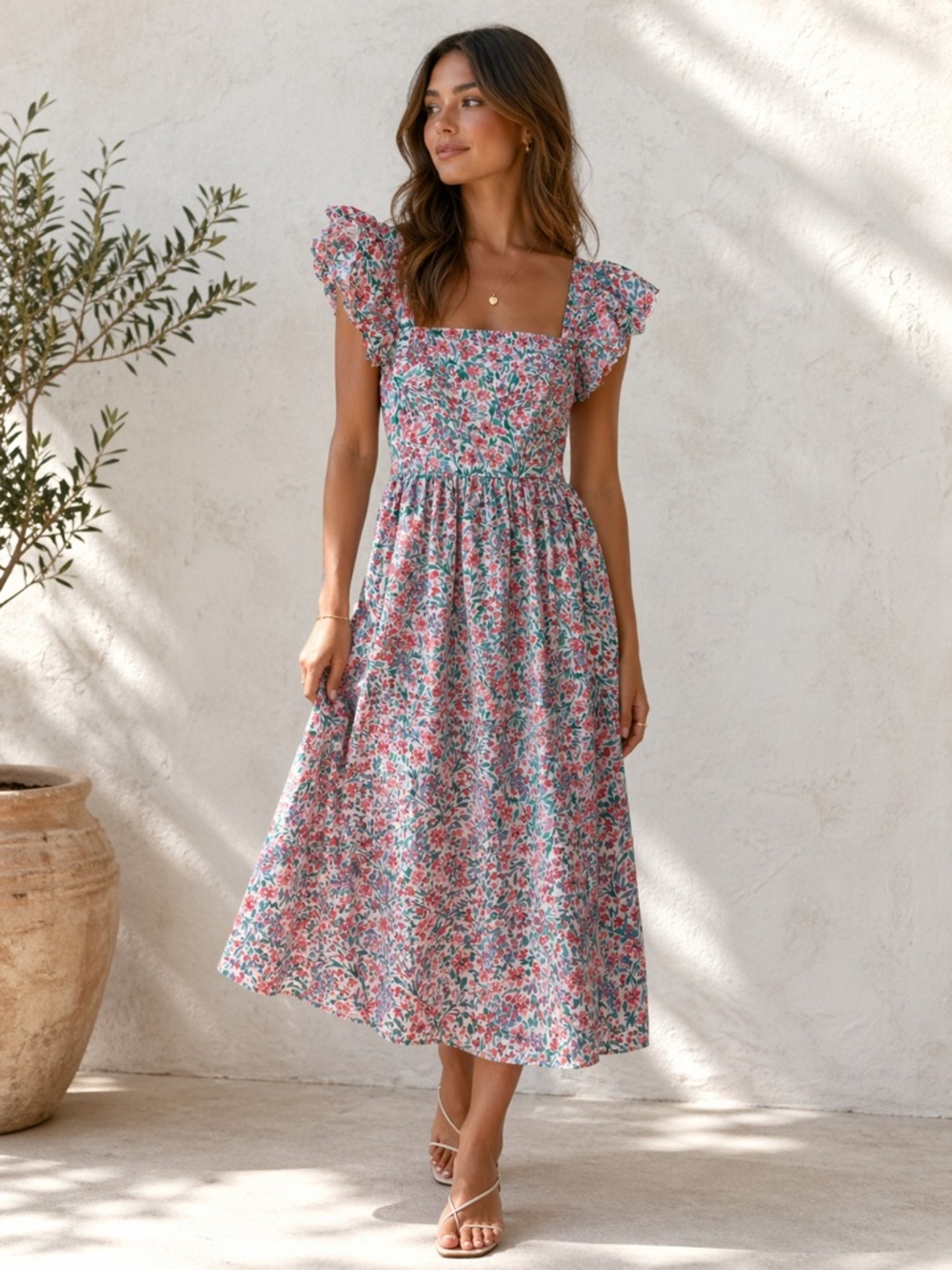 J. Crew Pink & Green Floral Cotton Blend Midi Dress Flutter Sleeves Size 8